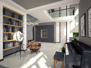 3D visualization of a living room with a high ceiling