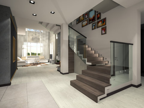 staircase hall 3d rendering