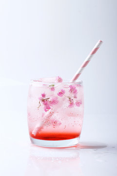 Fresh pink flower frozen in ice cubes for summer drinks