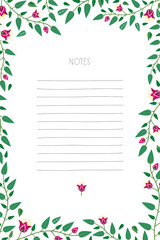 Notepad with hand drawn lines and flower frame. Vector design.