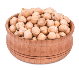 chick-pea in wood plate isolated on white background