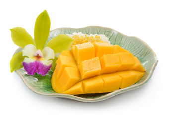 Mango and Sticky Rice on white background