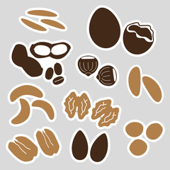 various nuts types brown stickers set eps10