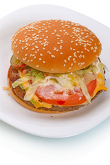Big hamburger  on a white plate