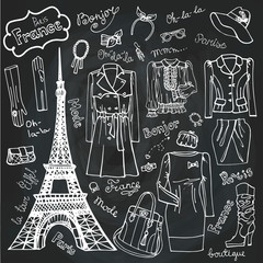 Paris Fashion.Clothing set.Doodle Sketch.Chalkboard outline