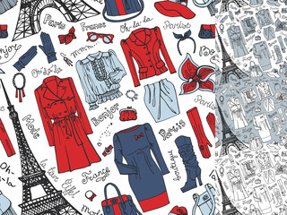 Paris Fashion.Clothing seamless pattern.Tricolor doodle