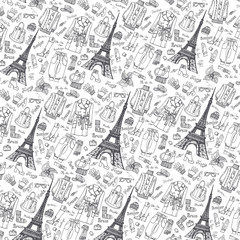 Paris Fashion.Clothing pattern background.Doodle sketchy