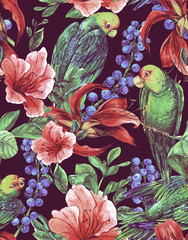 Seamless Background with Tropical Flowers, Parrots