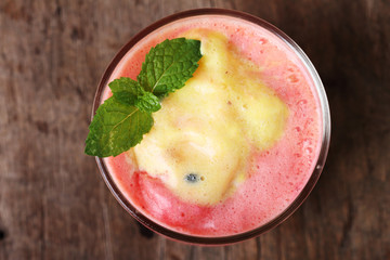 mix smoothie in a glass,top view