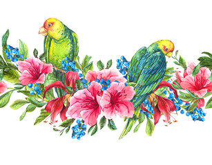 Floral Seamless Border with Tropical Flowers and Green Parrots