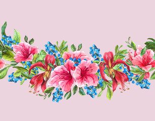 Seamless Watercolor Border with Tropical Flowers