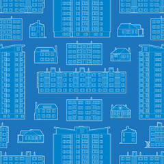 Seamless pattern with blueprint of dwelling buildings