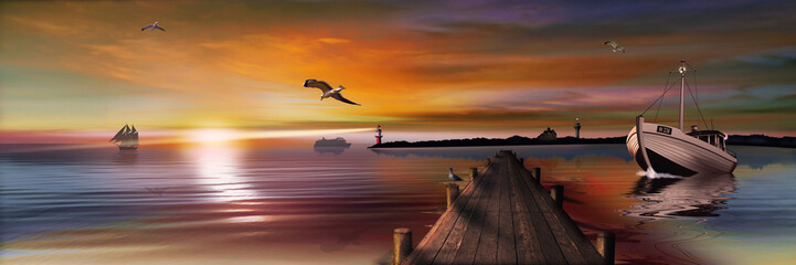 Fototapeta na wymiar Sonnenuntergang am Bootssteg mit Leuchtturm Fischkutter
