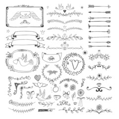 Hand drawn floral page elements. Swirls, ribbons, frames, arrows