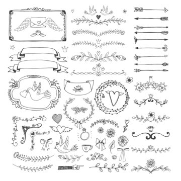 Hand drawn floral page elements. Swirls, ribbons, frames, arrows