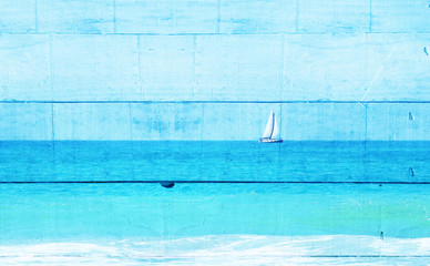 Double exposure image of sailboat at horizon on the sea and wood
