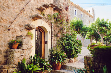 Fototapeta na wymiar Street old traditional houses at Waldemossa, Mallorca island