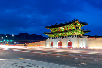 Geyongbokgung Palace at night in Seoul, South Korea.