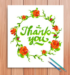 Hand drawn thank  you  card. Typography and flowers. Vector