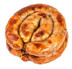 Homemade smoked sausage on white