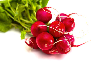 Bunch of fresh red radishes isolated on white background