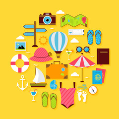 Flat Travel Summer Icon Circle Shaped Set