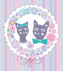 Cartoon cats in love on stylish circle made of flowers.