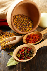 Different kinds of spices on wooden background