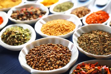 Zelfklevend Fotobehang Different kinds of spices in ceramics spoons, close-up, © Africa Studio