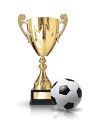 Golden trophy and soccer ball isolated on white