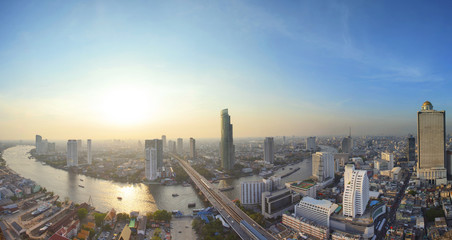 panorama view beautiful curve of chao phraya river and high buil