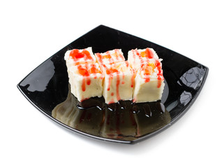 Piece of pineapple cake cream isolated on white