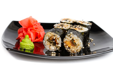 Sushi rolls on a white