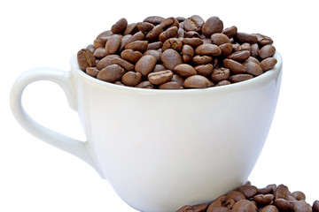 Coffee cup and beans on a white background.