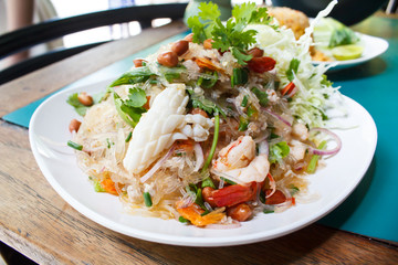 Spicy noodle salad, spicy vermicelli salad (yum woon sen).
