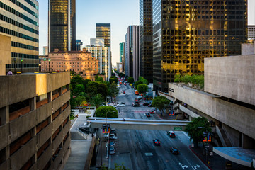 Evening view of Flower Street, in downtown Los Angeles, Californ