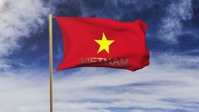 Vietnam flag with title waving in the wind. Looping sun rises