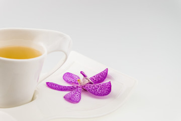 tea glass and Pink mokara orchids isolated on white background