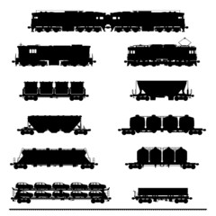 Set vector silhouettes of  locomotives with different wagons. © glance72