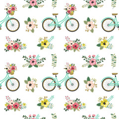 Spring seamless pattern with flowers and bicycles. - 81335822