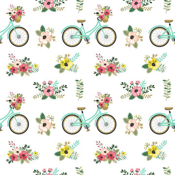 Spring seamless pattern with flowers and bicycles.