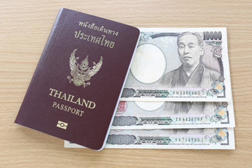 Banknotes of Japan in thai passport.