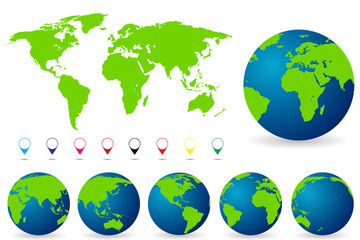 World Map with all Countries, set of Earth Globes