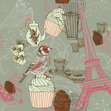 Seamless pattern in vintage style with cups and cakes