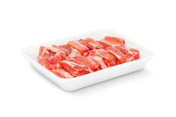 pork sparerib raw in tray foam isolated on white background
