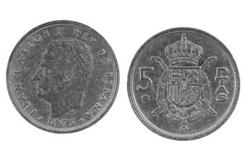 Old Spanish coin of 5 pesetas.1975