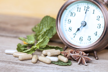 Time to eat Organic Herb capsule medicine with mint leaves
