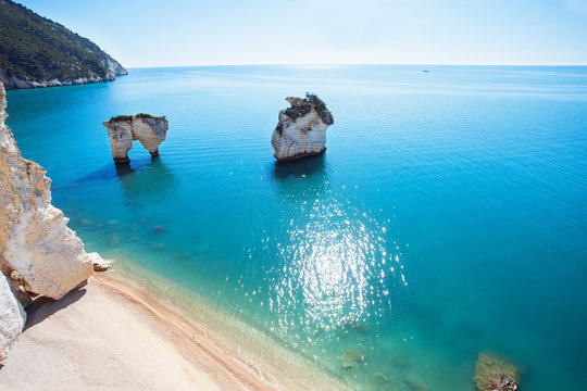 Fototapeta Scenic beach sea view on Italian coast (Baia delle Zagare beach, Gargano), Puglia, Italy, Travel, nature, landscape, seascape concept