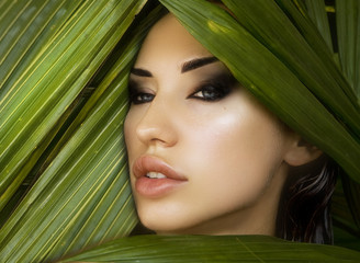 Fototapeta premium Makeup. Sexy beautiful woman hiding behind the palm leaves. Beau