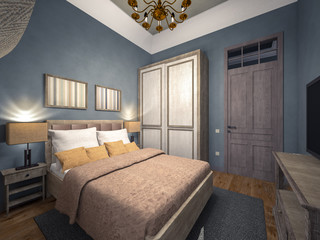 classic blue bedroom 3d rendering